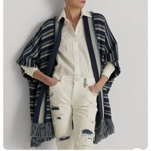 Ralph Lauren women’s indigo blue stripe fringe shawl